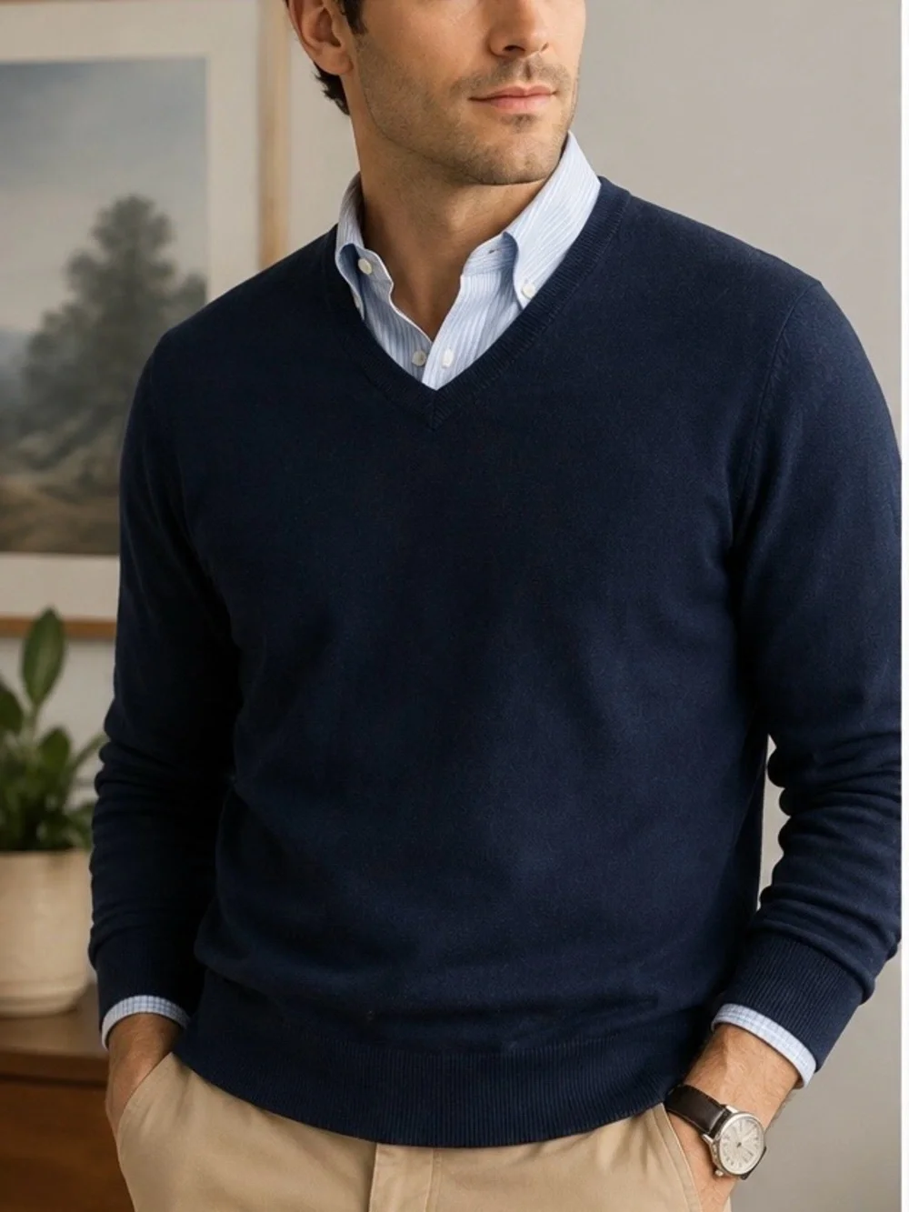 J.Crew Men’s Cotton Cashmere V-Neck Sweater Navy Blue Medium